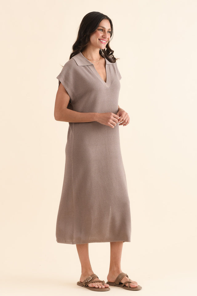 Santaz Taupe Collared Tie Dress,Side,Brunette model,alt text|model:Brontie image 3