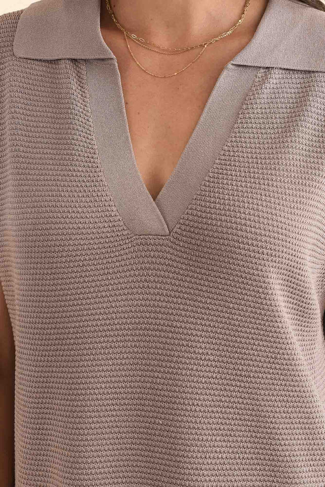 Santaz Taupe Collared Tie Dress,Detail,Brunette model,alt text|model:Brontie image 5