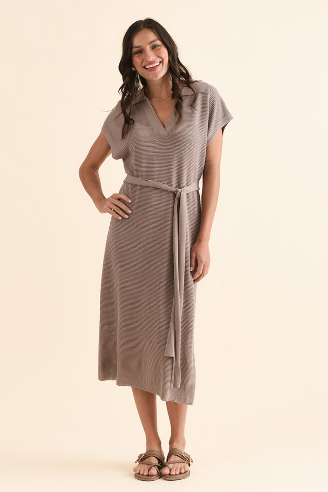 Santaz Taupe Collared Tie Dress,Full Body,Brunette model,alt text|model:Brontie image 2