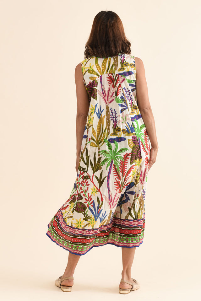 Sarai Blue Tropical Organic Cotton Sleeveless Dress,Back,Brunette model,alt text|model:Cara image 4