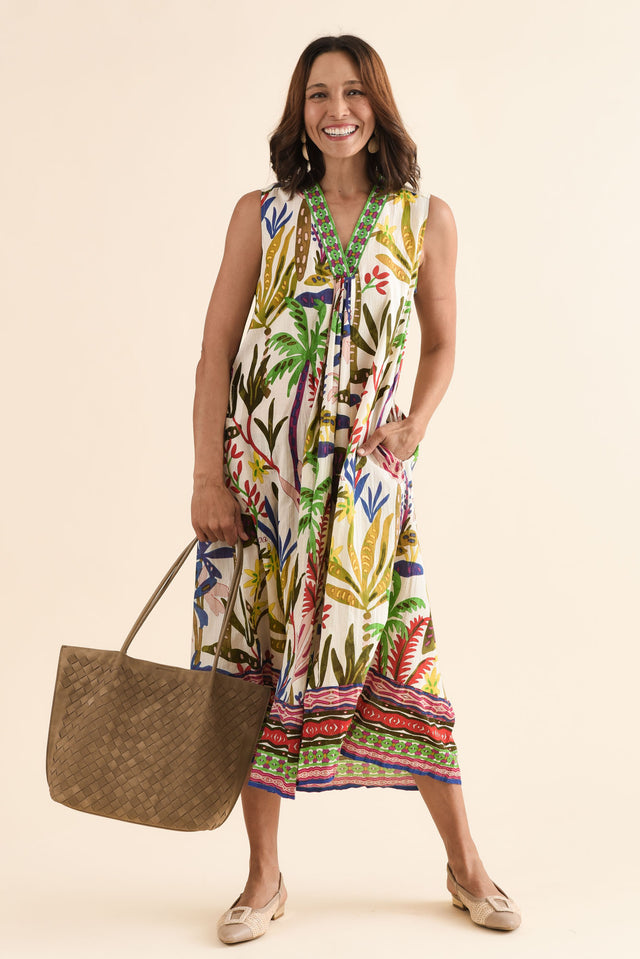 Sarai Blue Tropical Organic Cotton Sleeveless Dress,Front,Brunette model,alt text|model:Cara image 1