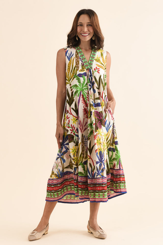 Sarai Blue Tropical Organic Cotton Sleeveless Dress,Full Body,Brunette model,alt text|model:Cara image 6