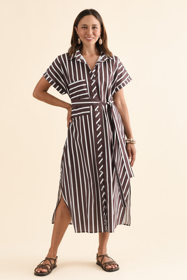 Sashi Chocolate Stripe Cotton Shirt Dress,Full Body,Brunette model,alt text|model:Cara image 2
