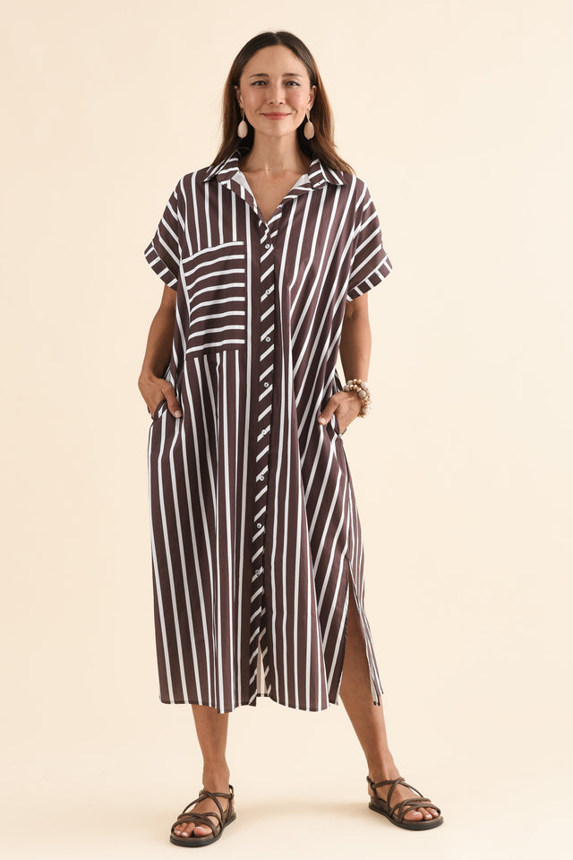Sashi Chocolate Stripe Cotton Shirt Dress,Full Body,Brunette model,alt text|model:Cara image 6