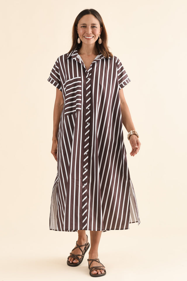 Sashi Chocolate Stripe Cotton Shirt Dress,Front,Brunette model,alt text|model:Cara image 1