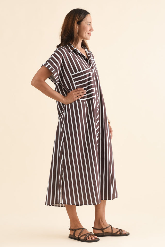 Sashi Chocolate Stripe Cotton Shirt Dress,Side,Brunette model,alt text|model:Cara image 3
