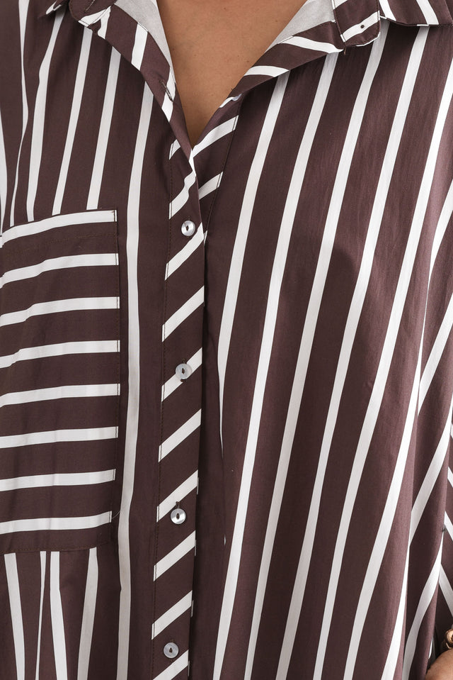 Sashi Chocolate Stripe Cotton Shirt Dress,Detail,Brunette model,alt text|model:Cara image 5