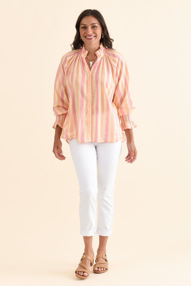 Saylor Orange Stripe Cotton Blouse,Full Body,Brunette model,alt text|model:Brontie image 6