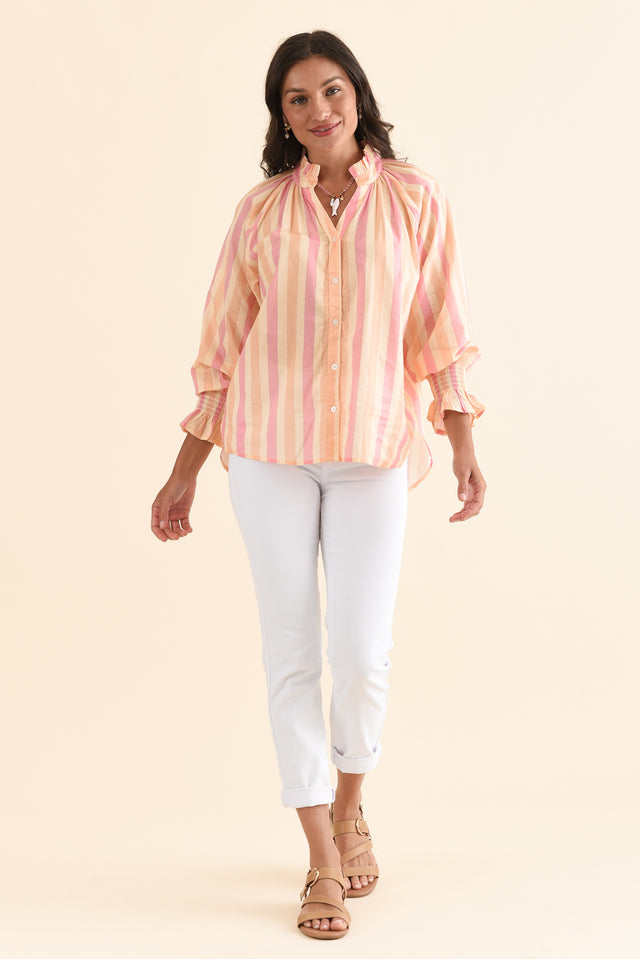 Saylor Orange Stripe Cotton Blouse,Full Body,Brunette model,alt text|model:Brontie image 2