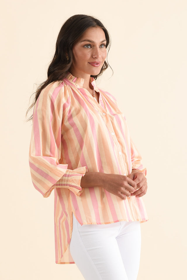 Saylor Orange Stripe Cotton Blouse,Side,Brunette model,alt text|model:Brontie image 3