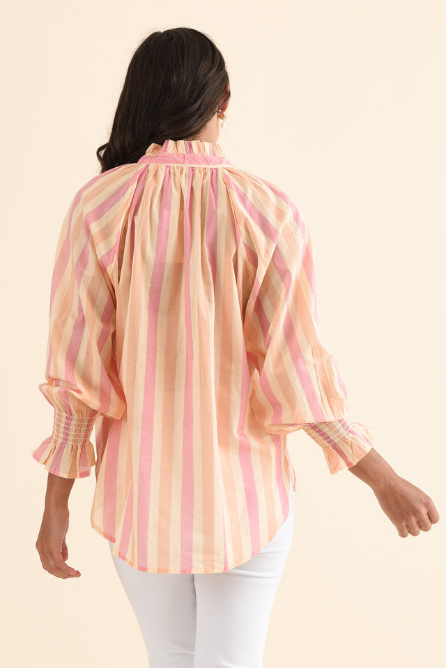 Saylor Orange Stripe Cotton Blouse,Back,Brunette model,alt text|model:Brontie image 4