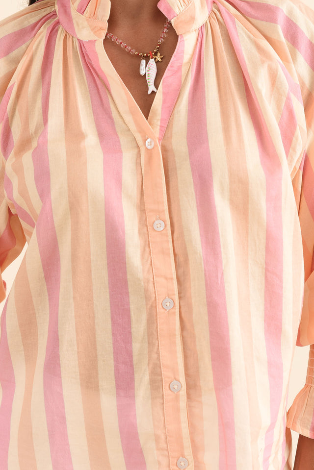 Saylor Orange Stripe Cotton Blouse,Detail,Brunette model,alt text|model:Brontie image 5