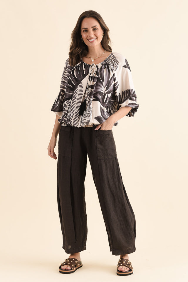Ona Chocolate Linen Barrel Pants,Full Body,Brunette model,alt text|model:MJ image 2