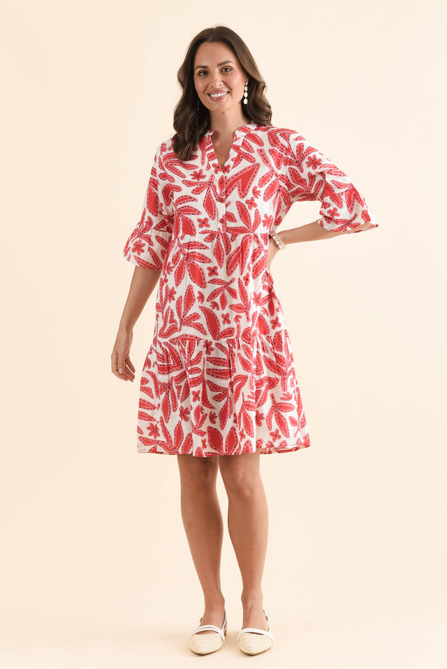 Senna Red Leaf Cotton Dress,Front,Brunette model,alt text|model:MJ image 1