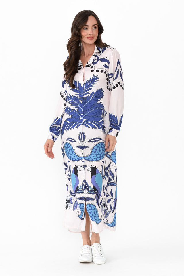 Shayli Blue Tropical Shirt Dress,Brunette model,alt text|model:Elouise