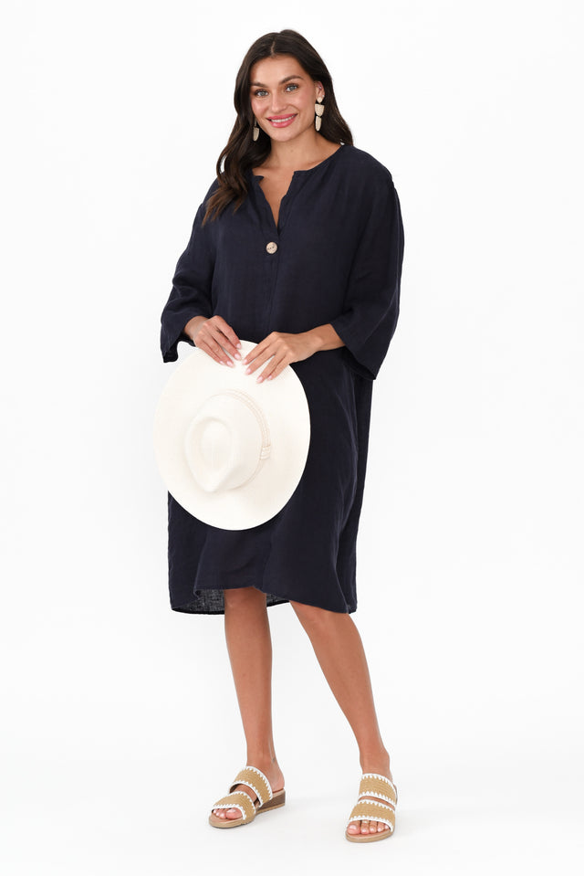 Sian Navy Linen V Neck Dress banner image