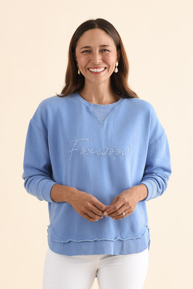 Signature Blue Cotton Crewneck Sweatshirt,Front,Brunette model,alt text|model:Cara