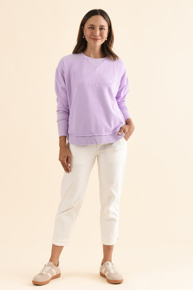 Signature Lilac Cotton Crewneck Sweatshirt,Full Body,Brunette model,alt text|model:Cara image 7