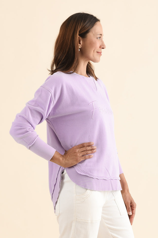 Signature Lilac Cotton Crewneck Sweatshirt,Side,Brunette model,alt text|model:Cara image 4