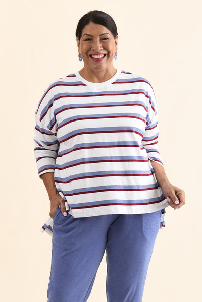 Sigrid White Stripe Long Sleeve Cotton Tee,Front,Brunette model,alt text|model:Pilita