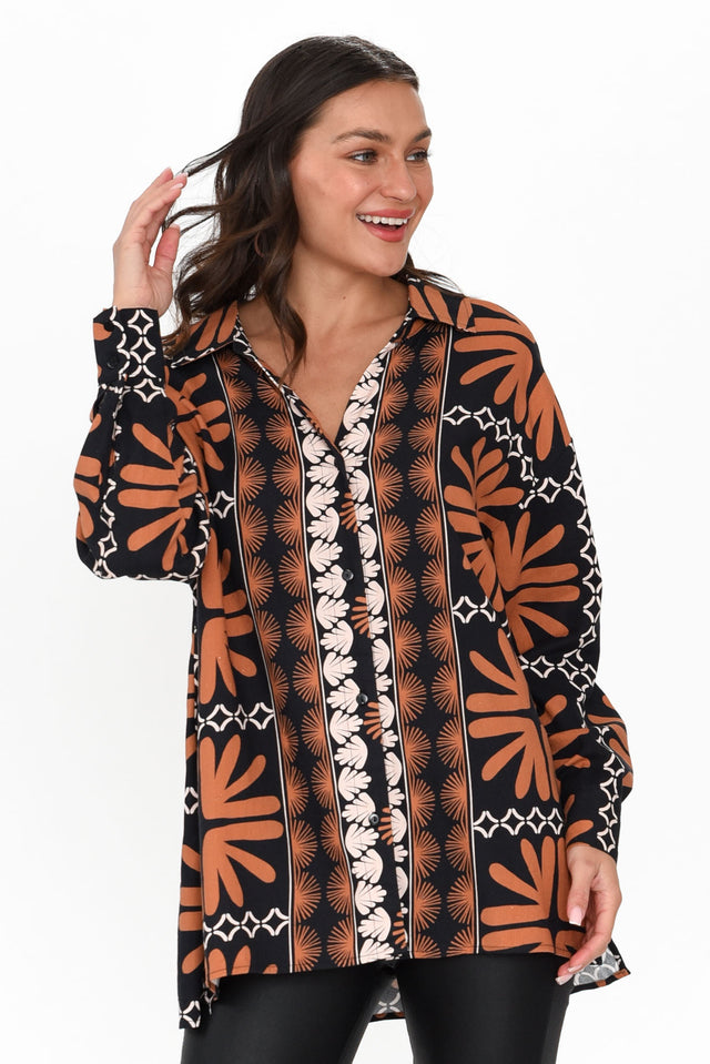 Silia Brown Geo Collared Shirt neckline_V Neck print_Abstract sleevetype_Statement length_Long hem_Straight sleeve_Long TOPS   alt text|model:Brontie;wearing:S image 2
