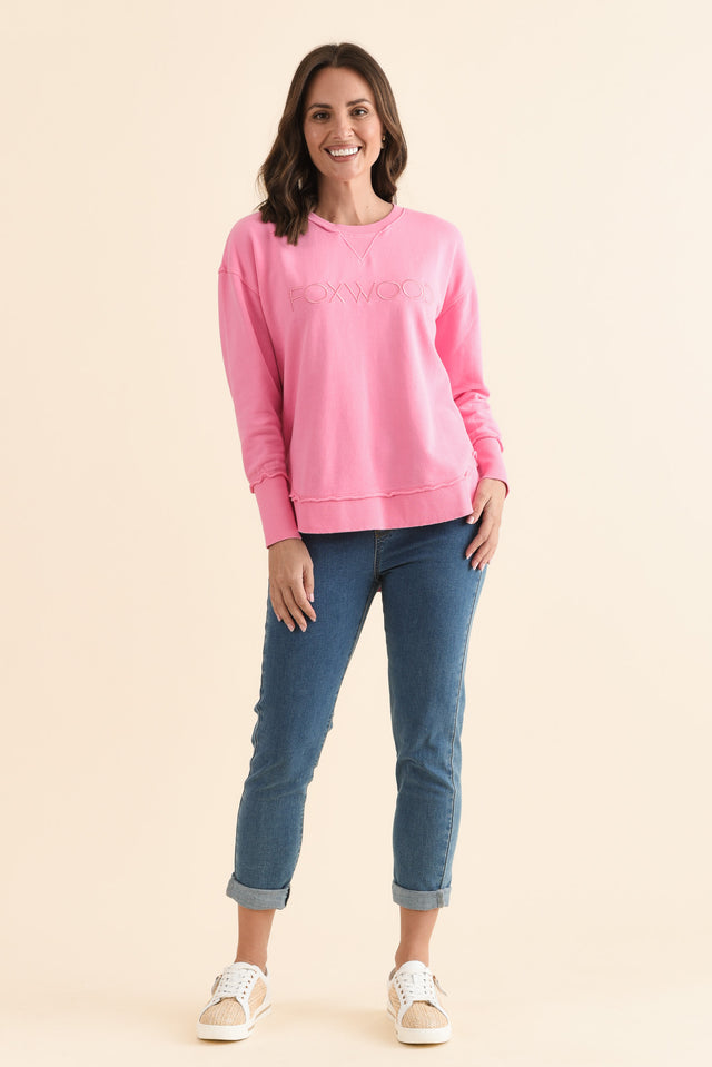Simplified Candy Pink Cotton Crewneck Sweatshirt,Full Body,Brunette model,alt text|model:MJ image 6