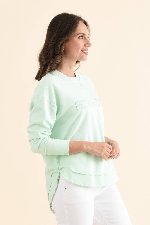Simplified Mint Cotton Crewneck Sweatshirt,Side,Brunette model,alt text|model:MJ image 3