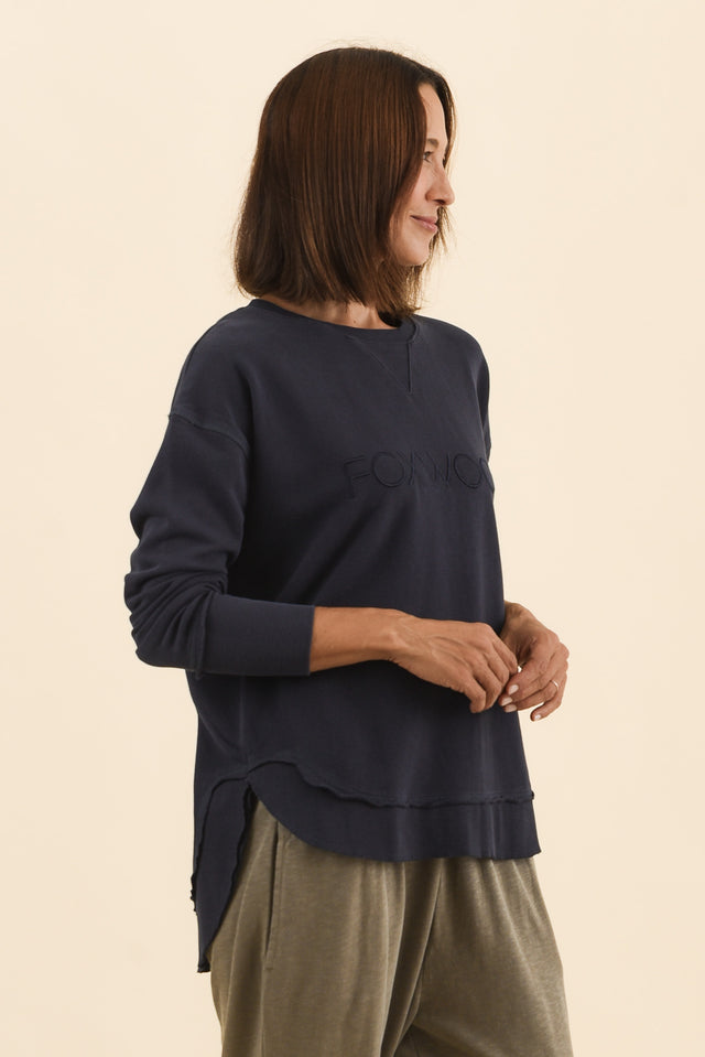 Simplified Navy Cotton Crewneck Sweatshirt,Side,Brunette model,alt text|model:Cara image 3