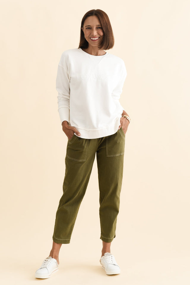 Simplified White Cotton Crewneck Sweatshirt,Brunette model,alt text|model:Cara image 10