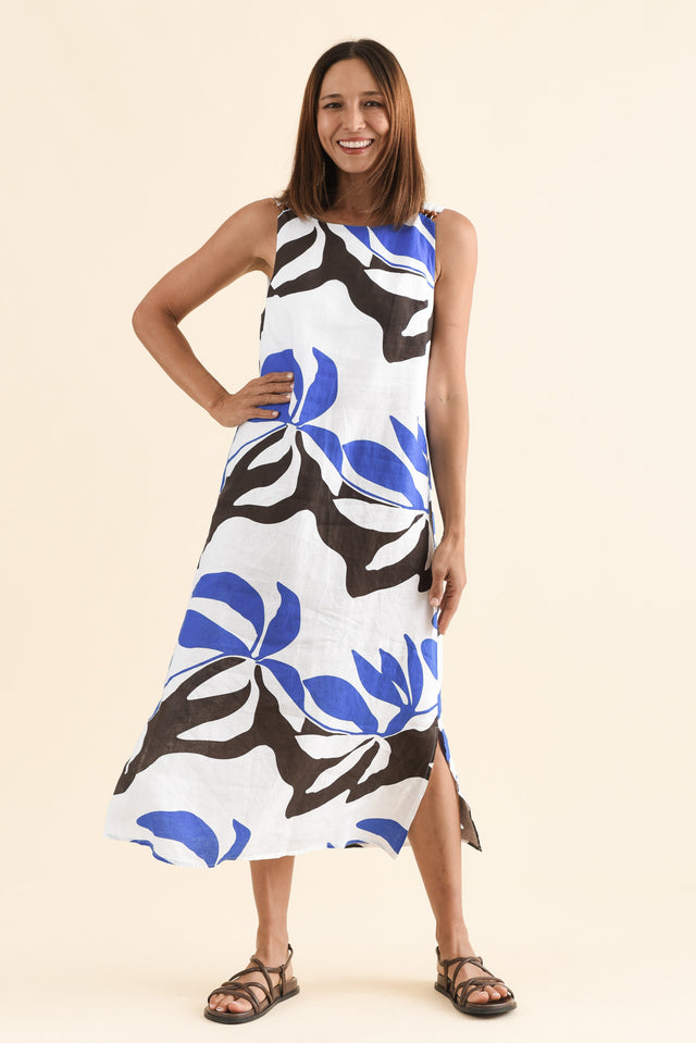 Sintra Blue Leaf Linen Sleeveless Dress,Full Body,Brunette model,alt text|model:Cara image 2