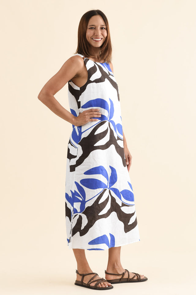 Sintra Blue Leaf Linen Sleeveless Dress,Side,Brunette model,alt text|model:Cara image 3