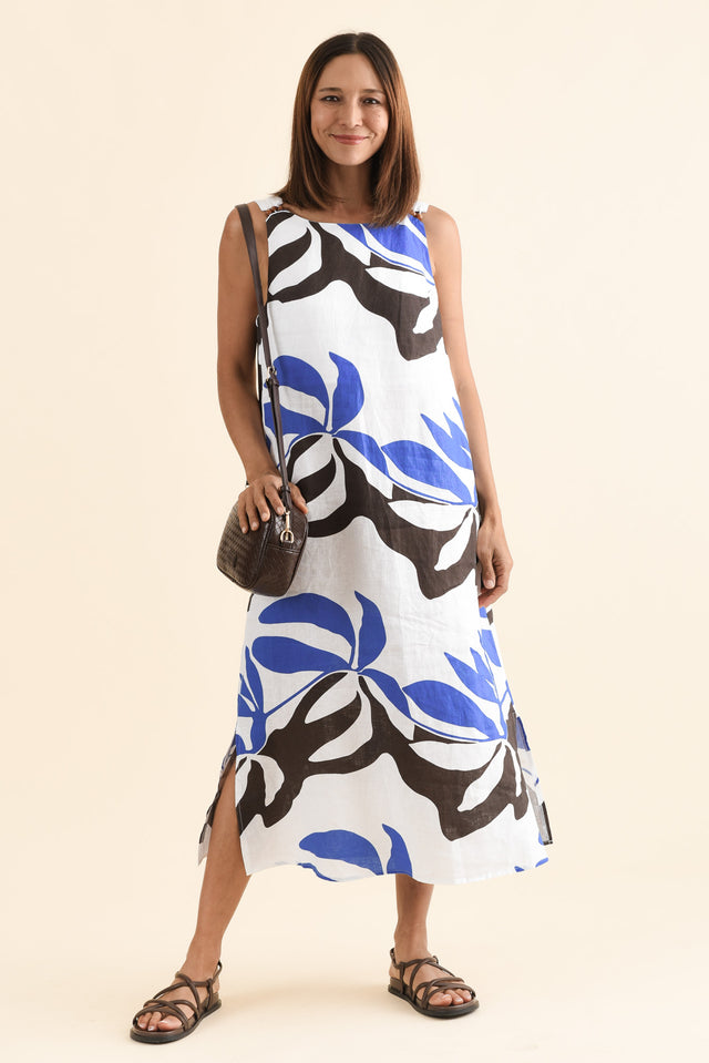 Sintra Blue Leaf Linen Sleeveless Dress,Front,Brunette model,alt text|model:Cara image 1