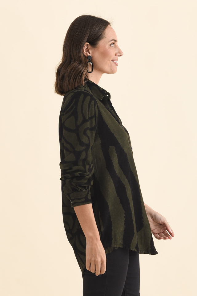 Sirah Olive Stripe Cotton Shirt,Brunette model,alt text|model:MJ image 3