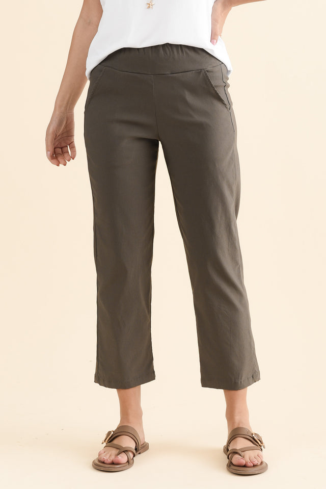 SmartFlex Olive Straight Leg Pants,Front,Brunette model,alt text|model:MJ image 1