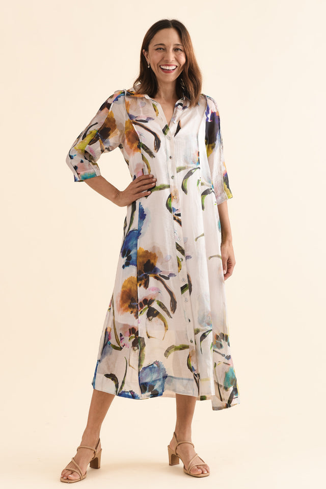 Soiree Blue Floral Shirt Dress,Full Body,Brunette model,alt text|model:Cara image 6