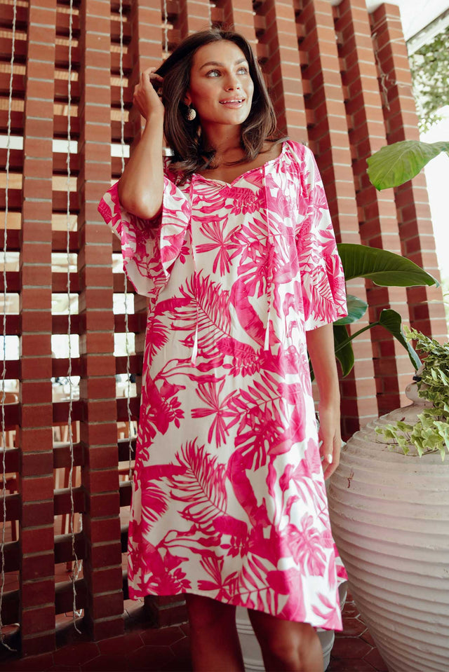 Sophia Fuchsia Palm Bell Sleeve Dress image 1