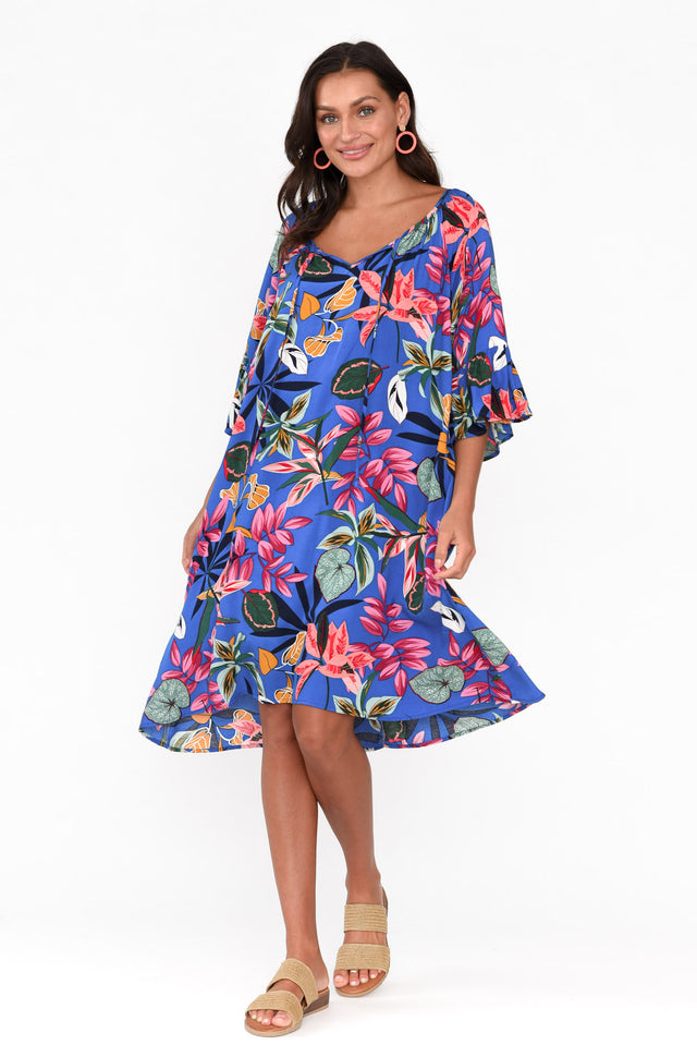 Sophia Blue Tropical Bell Sleeve Dress