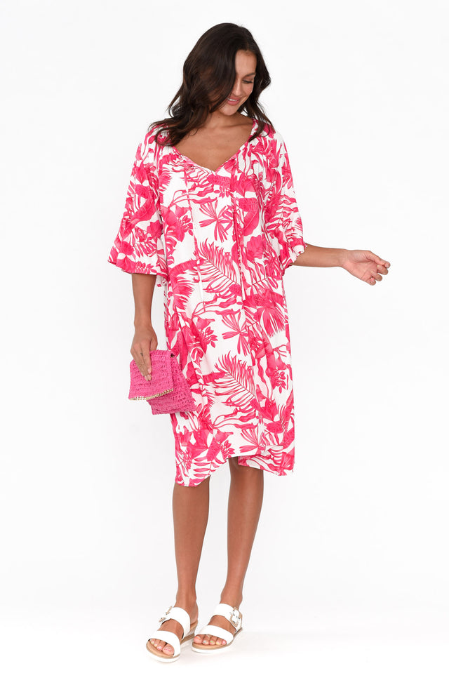 Sophia Fuchsia Palm Bell Sleeve Dress image 2
