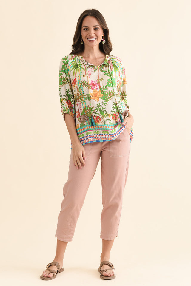 Sophina Green Palm Tassel Top,Full Body,Brunette model,alt text|model:MJ
