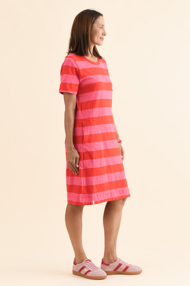Spritz Pink Stripe Cotton Tee Dress,Side,Brunette model,alt text|model:Cara image 3