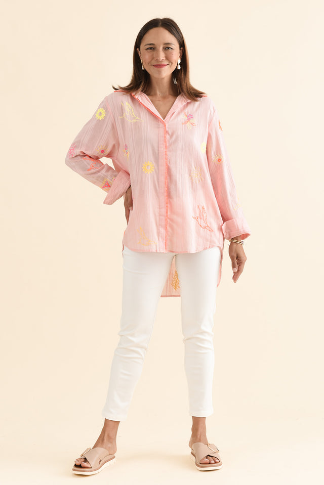 Stacey Pink Summer Cotton Embroidered Shirt,Full Body,Brunette model,alt text|model:Cara image 2