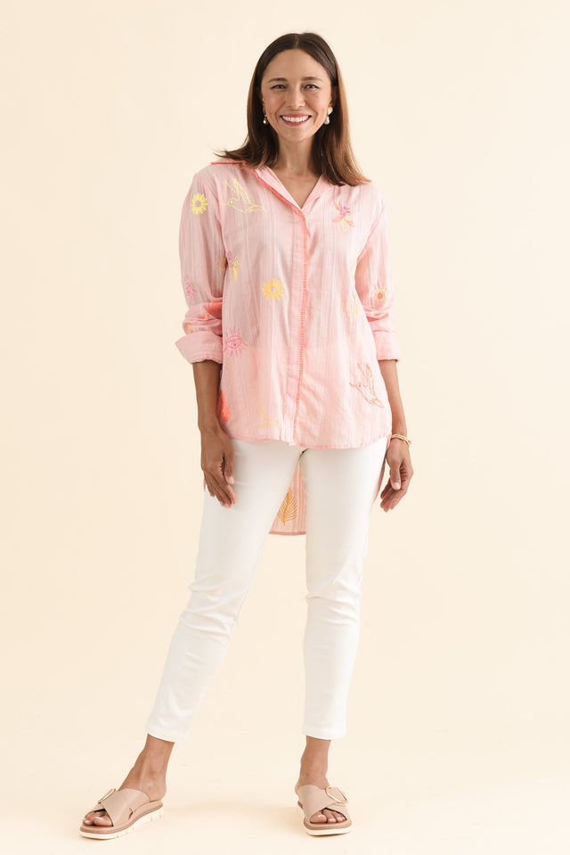 Stacey Pink Summer Cotton Embroidered Shirt,Full Body,Brunette model,alt text|model:Cara image 6