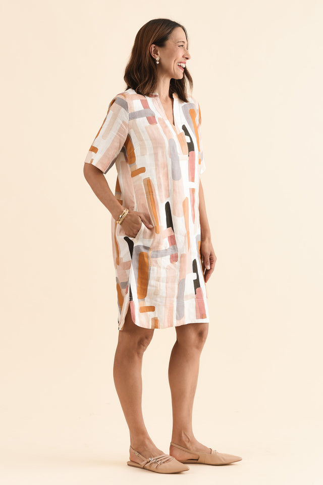 Stafford Cream Abstract Linen Dress,Side,Brunette model,alt text|model:Cara image 3