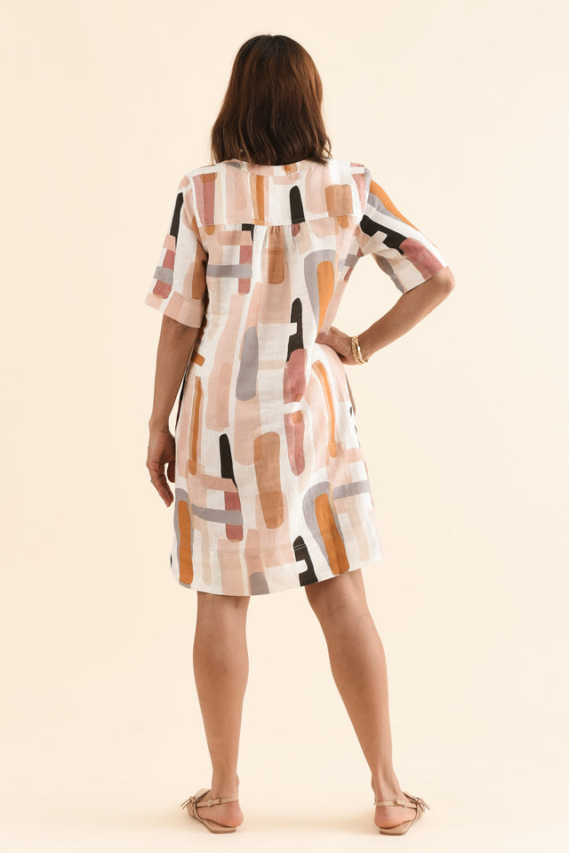 Stafford Cream Abstract Linen Dress,Back,Brunette model,alt text|model:Cara image 4