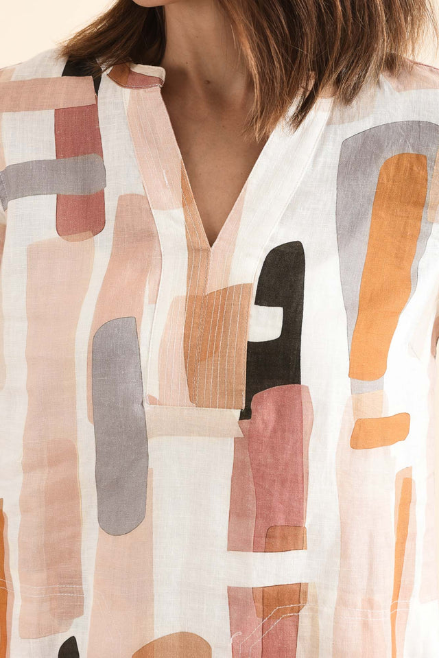 Stafford Cream Abstract Linen Dress,Detail,Brunette model,alt text|model:Cara image 5