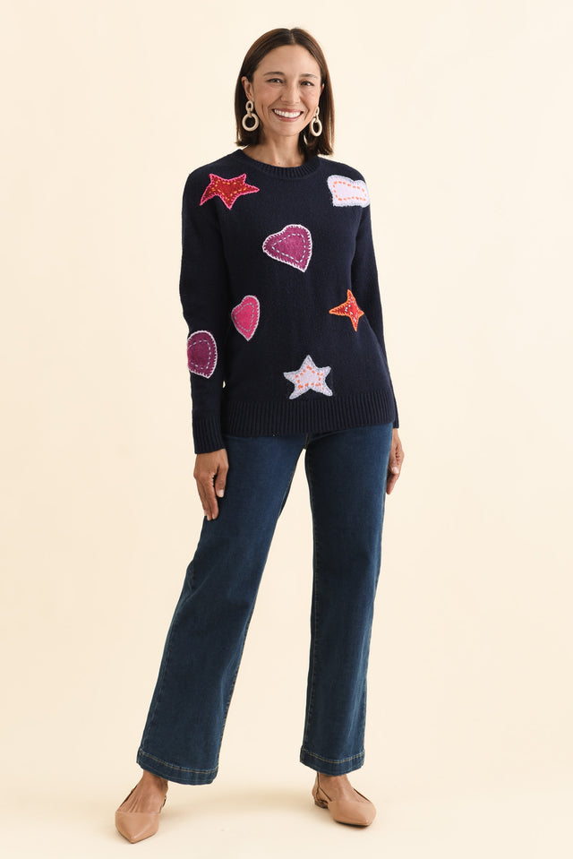 Starla Navy Patchwork Knit Jumper,Brunette model,alt text|model:Cara image 5