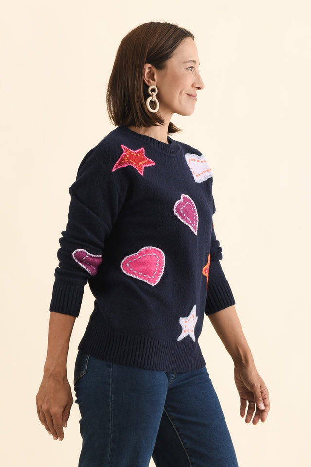 Starla Navy Patchwork Knit Jumper,Brunette model,alt text|model:Cara image 3