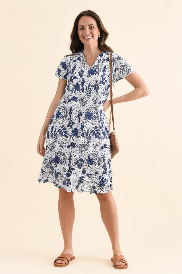 Stassi Blue Garden Crinkle Cotton Dress,Full Body,Brunette model,alt text|model:MJ