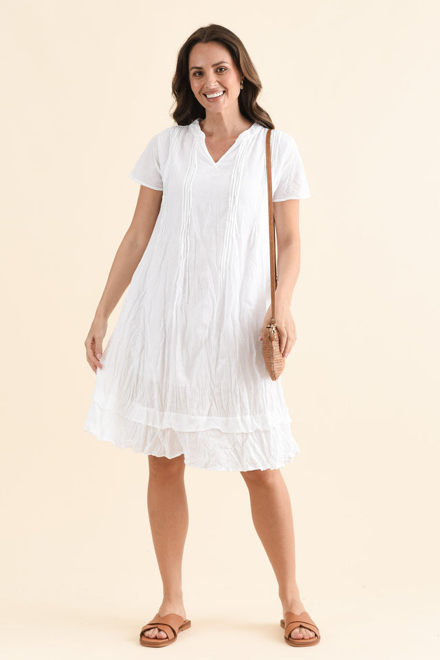 Stassi White Crinkle Cotton Dress,Full Body,Brunette model,alt text|model:MJ