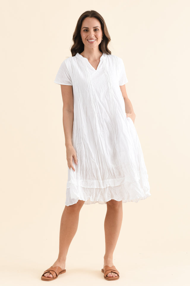 Stassi White Crinkle Cotton Dress,Front,Brunette model,alt text|model:MJ
